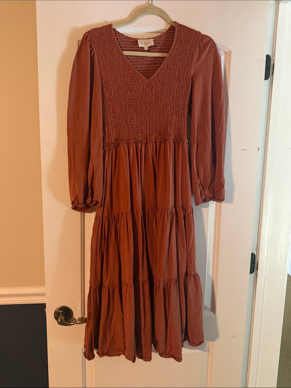 bohme Rust Long-Sleeve Smocked Tiered Midi Dress